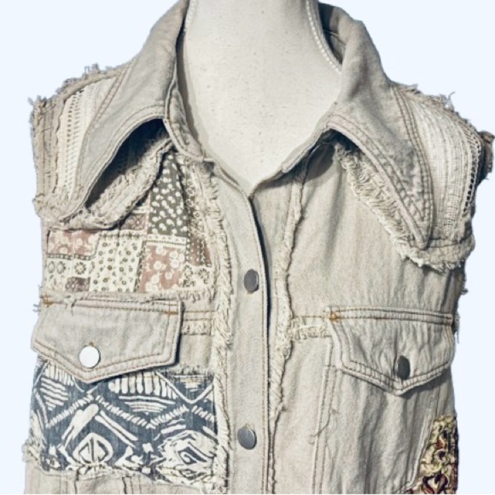 100% Cotton POL Patchwork Denim Dress Vest Boho Floral Embroidered Boho Cottage - Picture 8 of 16